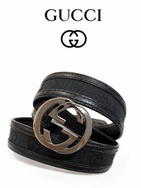 Gucci Black GG Canvas Leather Belt Silver Double G Buckle Women's